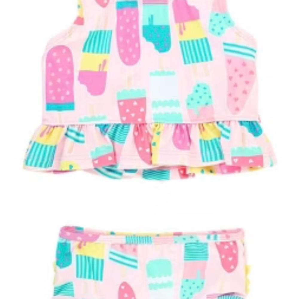 Ruffle Butts Pink Popsicle & Cupcake Print Kids Swimsuit